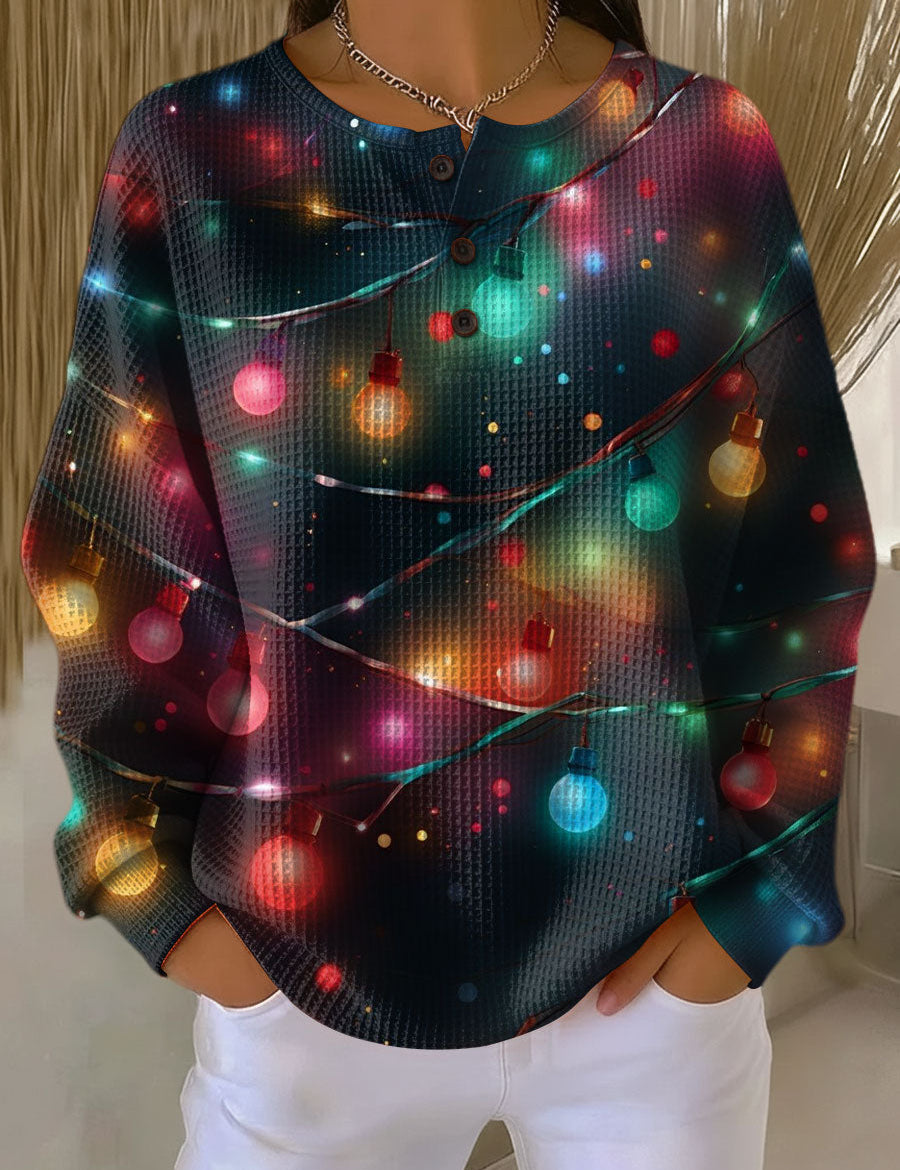 Sanna Christmas lantern print long-sleeve pullover with button placket and multicolor lights