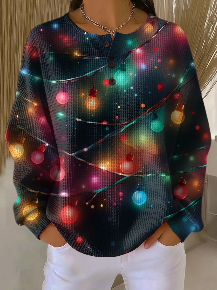 Sanna Christmas lantern print long-sleeve pullover with button placket and multicolor lights