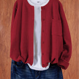 Red round-neck cardigan with button front and side pocket