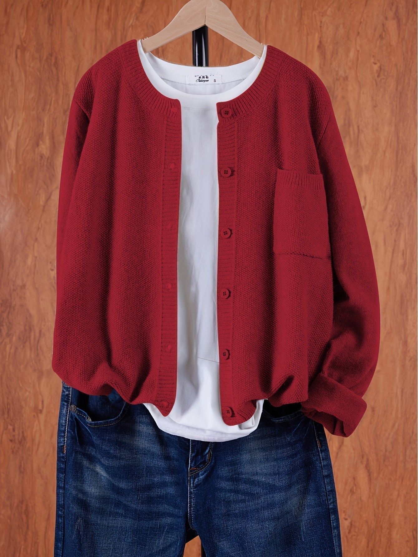 Red round-neck cardigan with button front and side pocket