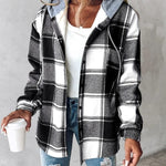Rosanna cozy jacket in black plaid with hood, button front, and long sleeves