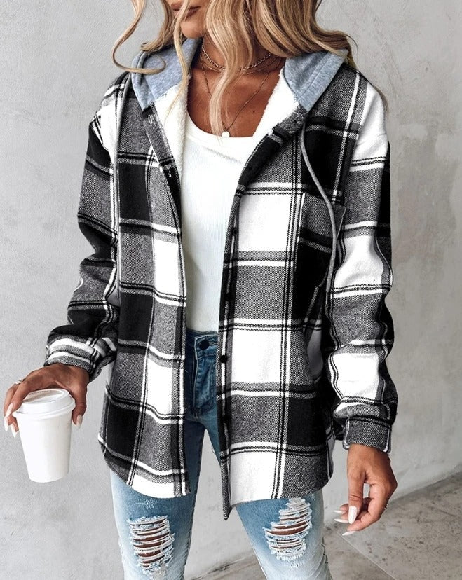 Rosanna cozy jacket in black plaid with hood, button front, and long sleeves