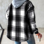 Rosanna cozy jacket in black plaid with hood, button front, and long sleeves