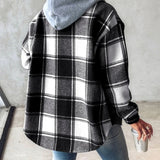 Rosanna cozy jacket in black plaid with hood, button front, and long sleeves