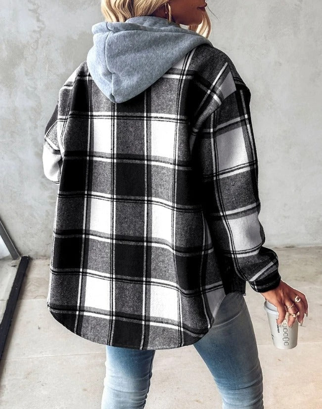 Rosanna cozy jacket in black plaid with hood, button front, and long sleeves