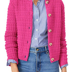 Pink textured knit button-front cardigan with rounded neckline and long sleeves
