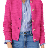 Pink textured knit button-front cardigan with rounded neckline and long sleeves