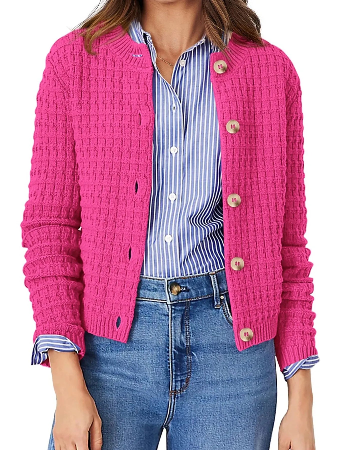 Pink textured knit button-front cardigan with rounded neckline and long sleeves