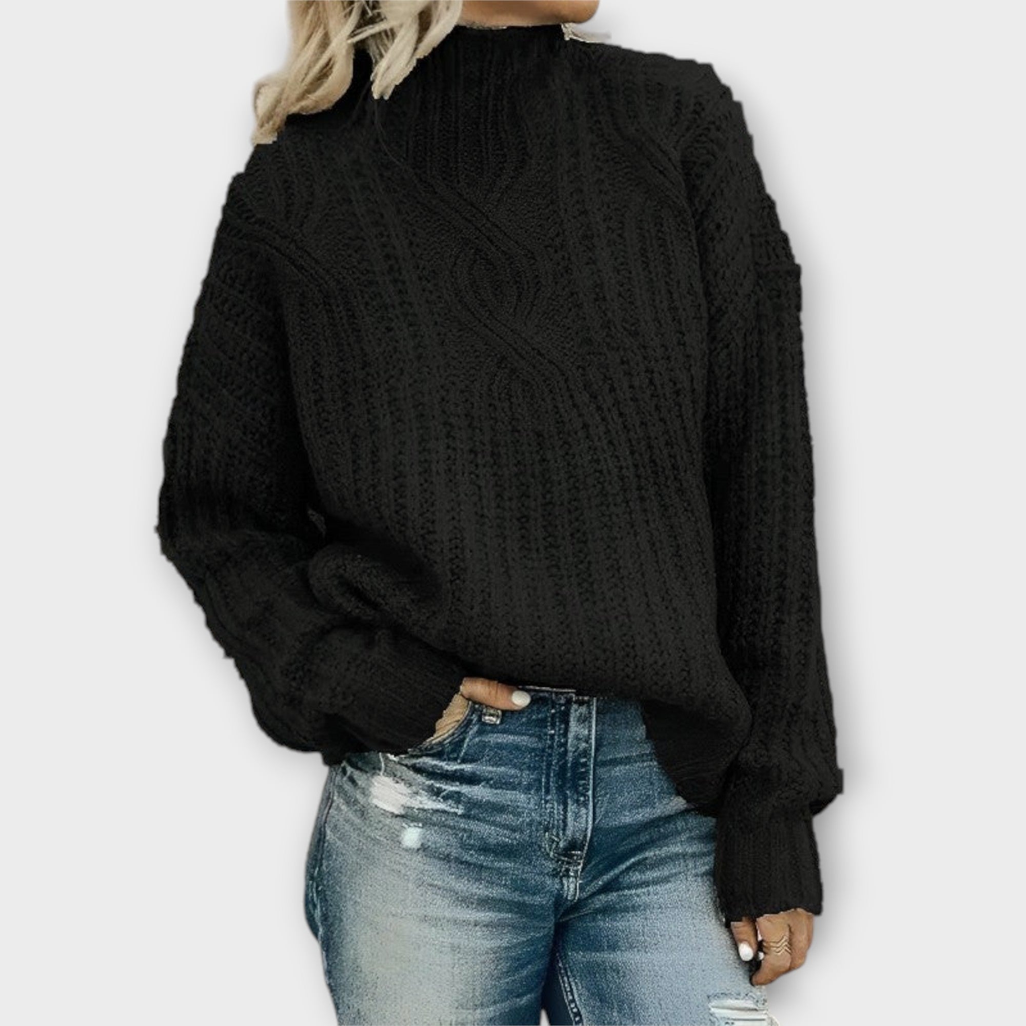 Black cable-knit cozy sweater with mock neck and long sleeves