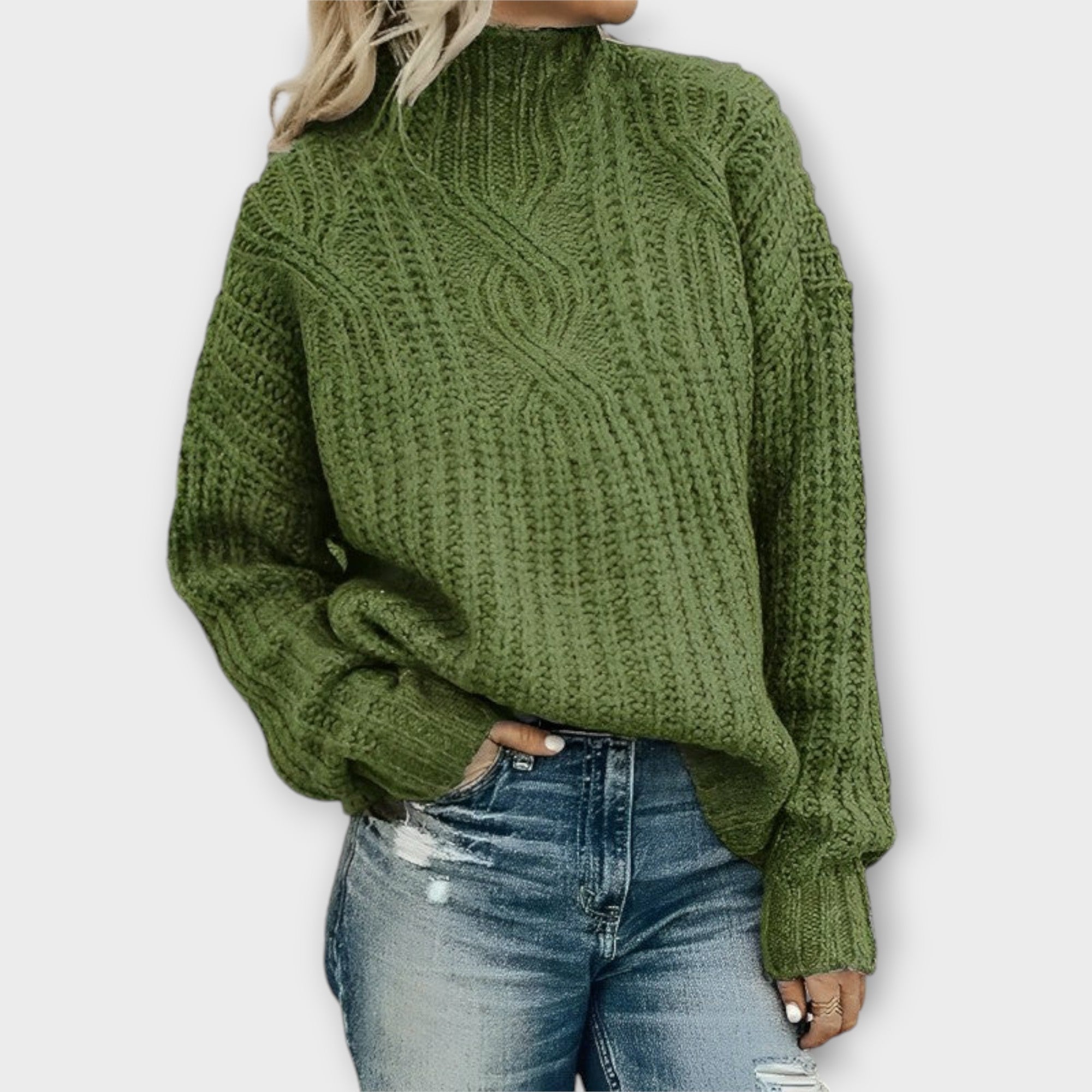 Green cable-knit cozy sweater with mock neck and long sleeves