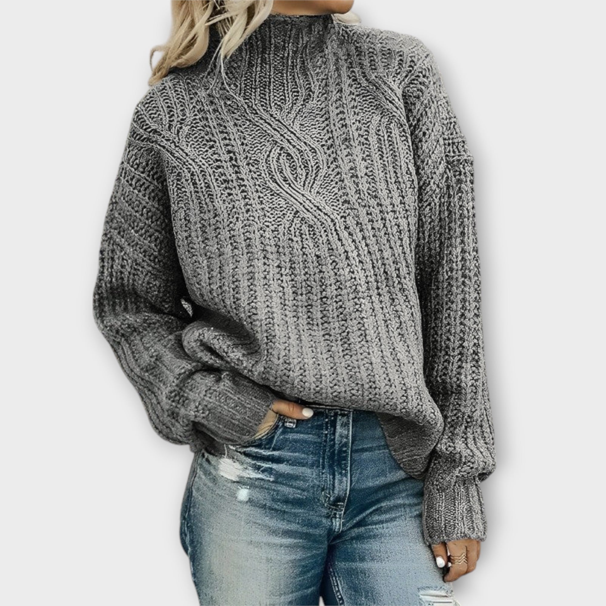Gray cable-knit cozy sweater with mock neck and long sleeves