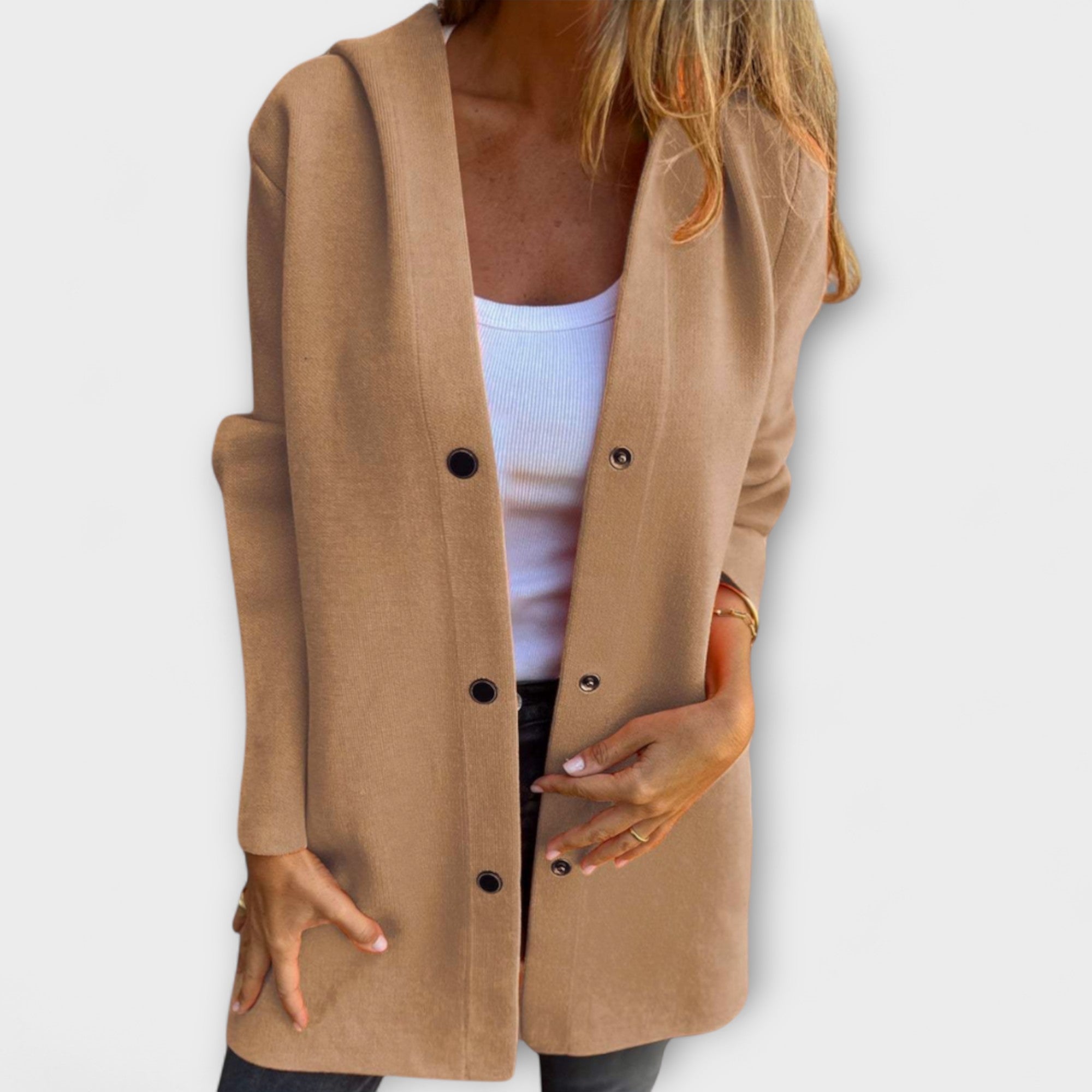Rhyvian elegant jacket, tan button-front long-sleeve with wide lapels