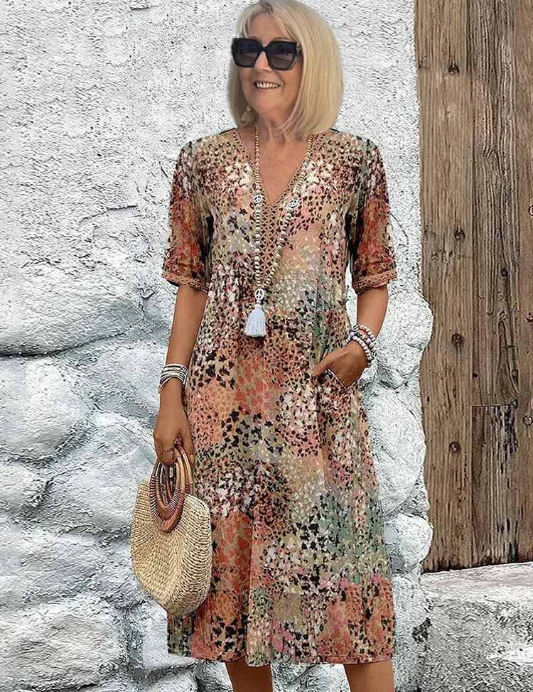 Monica elegant floral dress in beige, V-neck button front with tassel, short sleeves