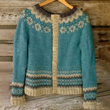 Allaira vintage Icelandic cardigan teal with patterned front band and button closure