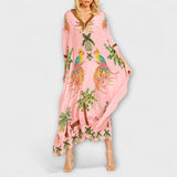 Linda - Eindrucksvolles Kleid mit asymmetrischen Trägern und Palmendruck