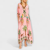 Linda - Eindrucksvolles Kleid mit asymmetrischen Trägern und Palmendruck