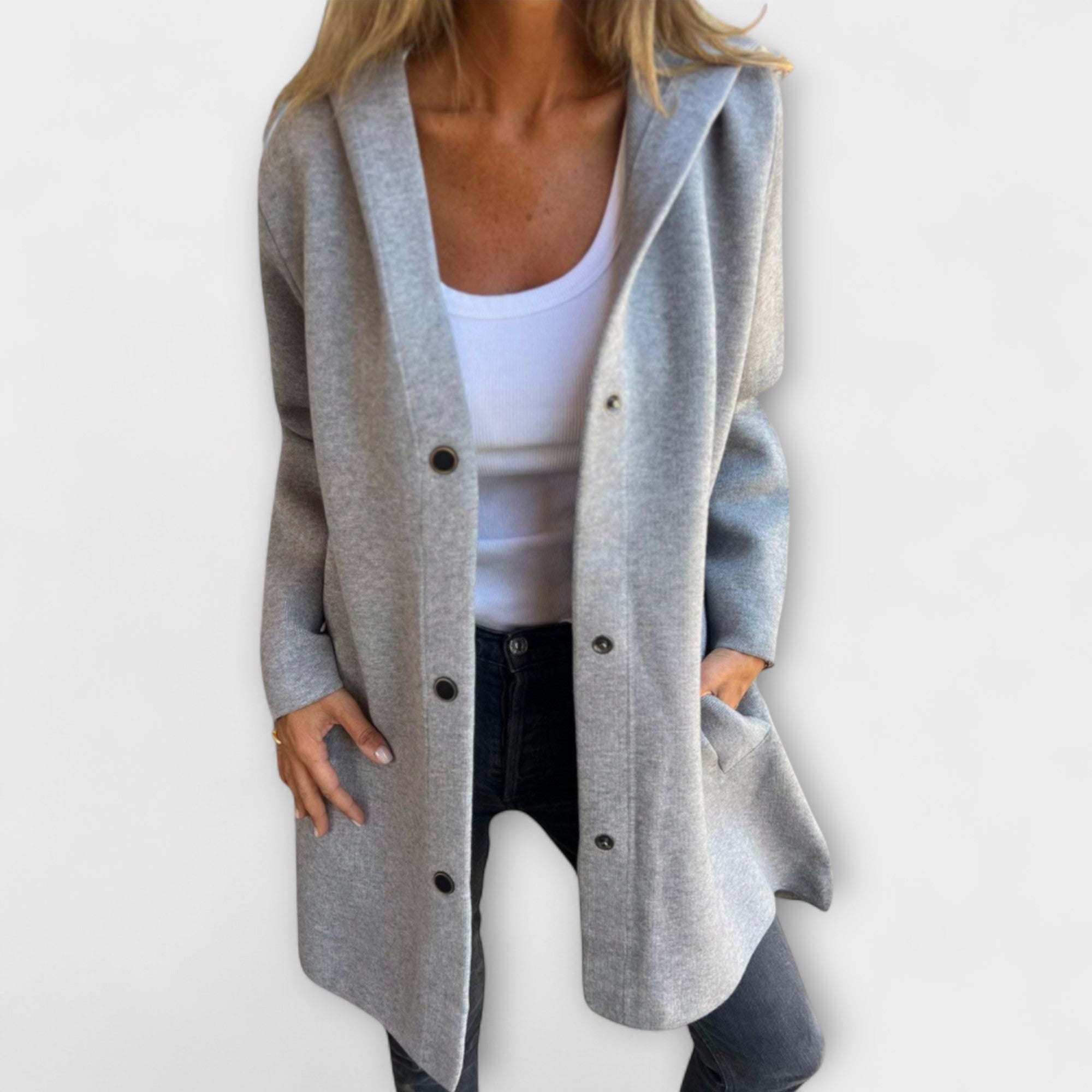 Rhyvian elegant jacket, light gray button-front long-sleeve with wide lapels