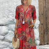 Monica elegant floral dress in red, V-neck button front with tassel, short sleeves