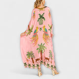 Linda - Eindrucksvolles Kleid mit asymmetrischen Trägern und Palmendruck