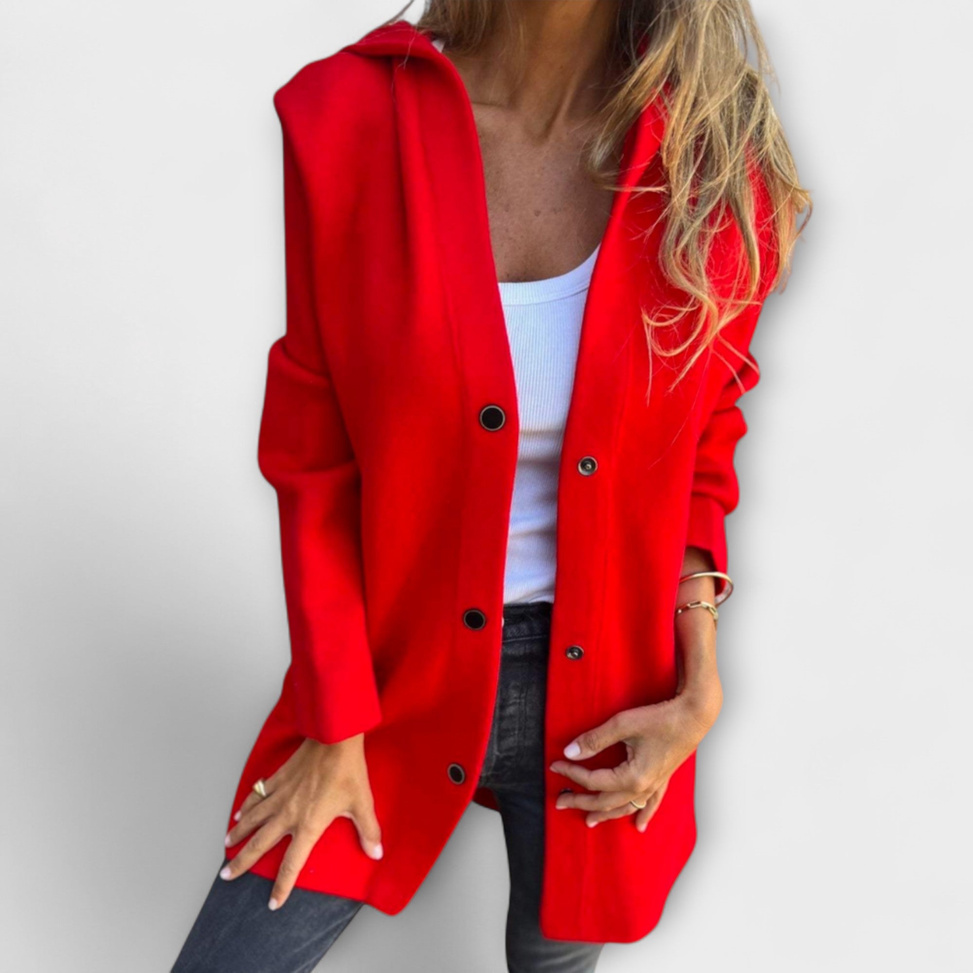 Rhyvian elegant jacket, red button-front long-sleeve with wide lapels