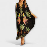 Linda - Eindrucksvolles Kleid mit asymmetrischen Trägern und Palmendruck