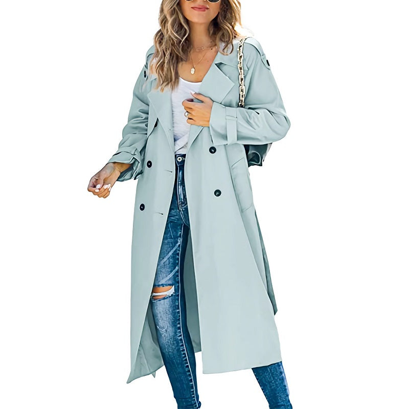 Long light blue coat with long sleeves and front buttons