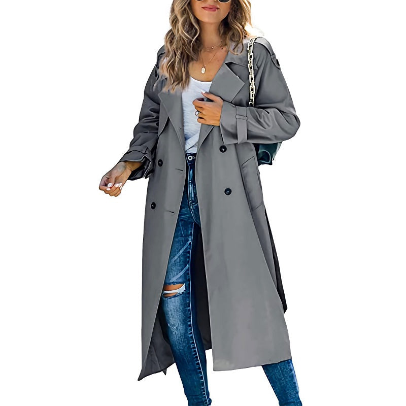 Long dark gray coat with long sleeves and front buttons
