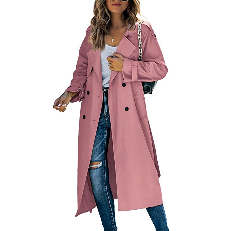 Long dusty pink coat with long sleeves and front buttons