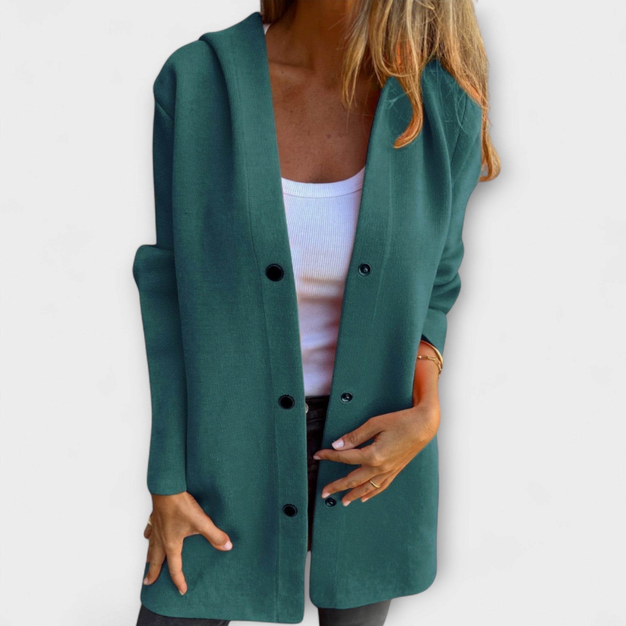 Rhyvian elegant jacket, dark green button-front long-sleeve with wide lapels