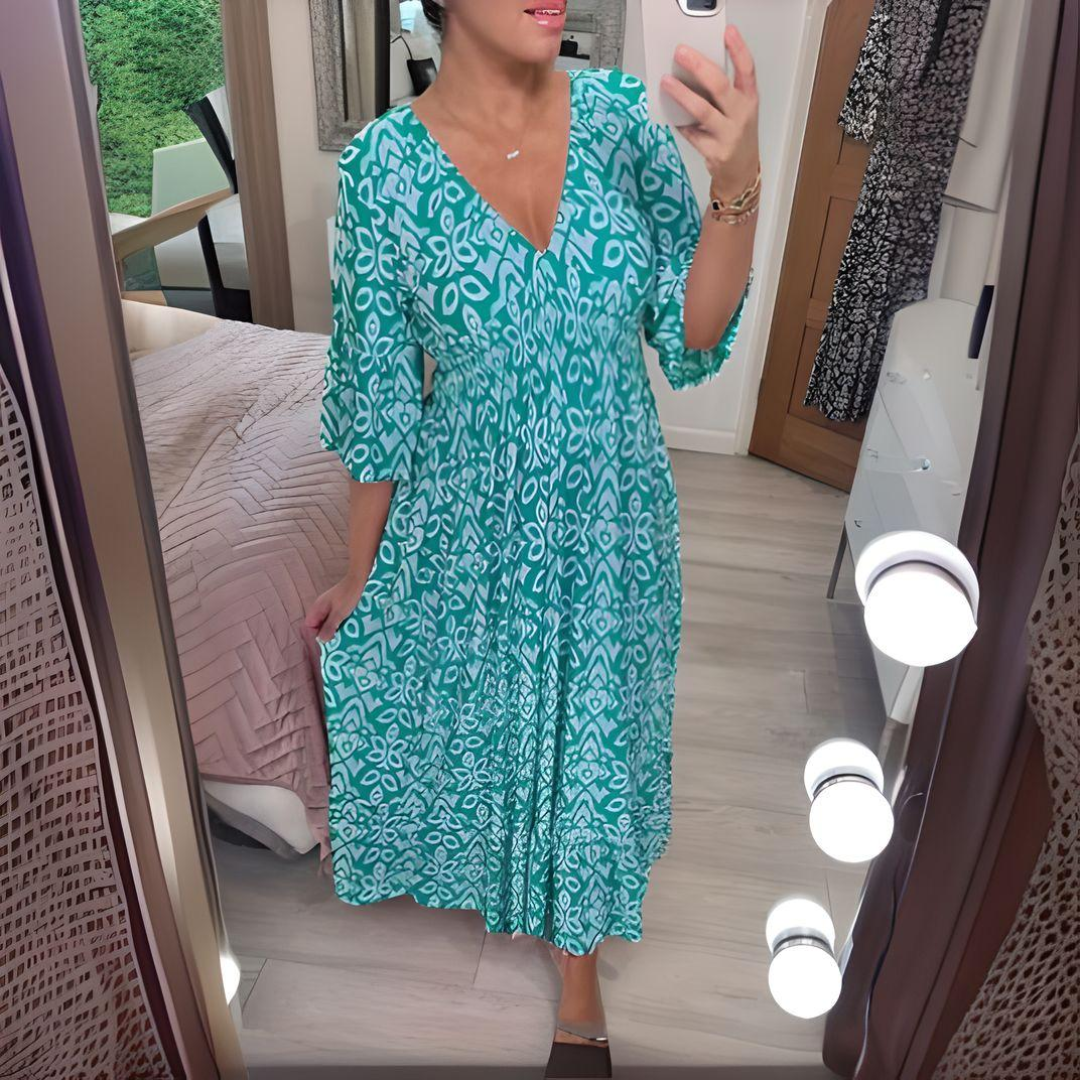 Boho patterned midi dress with V-neck, 3/4 sleeves, teal and white