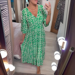 Boho patterned midi dress with V-neck, 3/4 sleeves, green and white