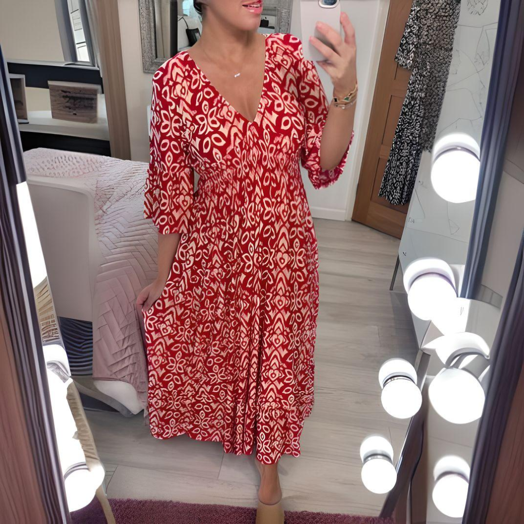 Boho patterned midi dress with V-neck, 3/4 sleeves, red and white