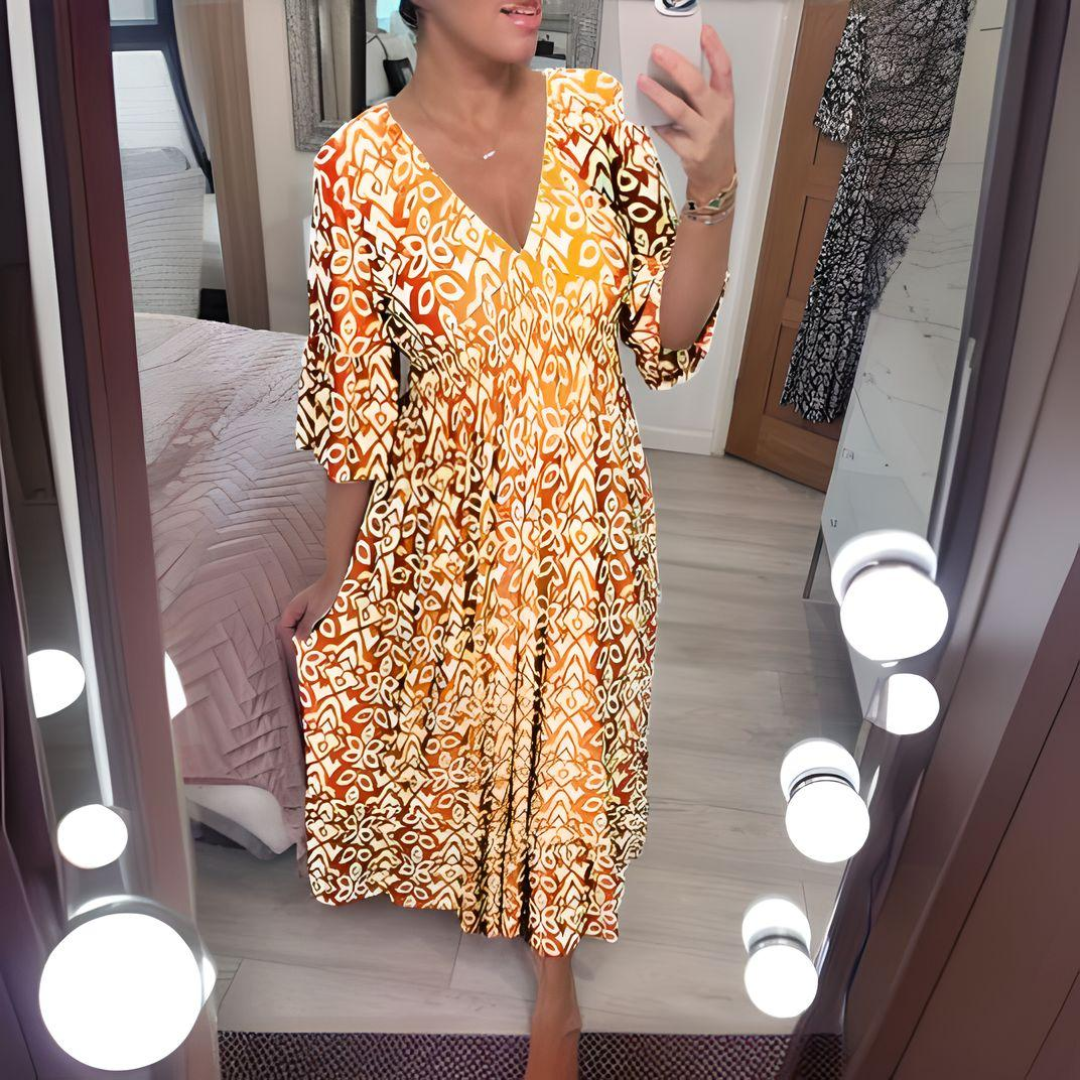 Boho patterned midi dress with V-neck, 3/4 sleeves, mustard and white