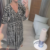 Boho patterned midi dress with V-neck, 3/4 sleeves, black and white