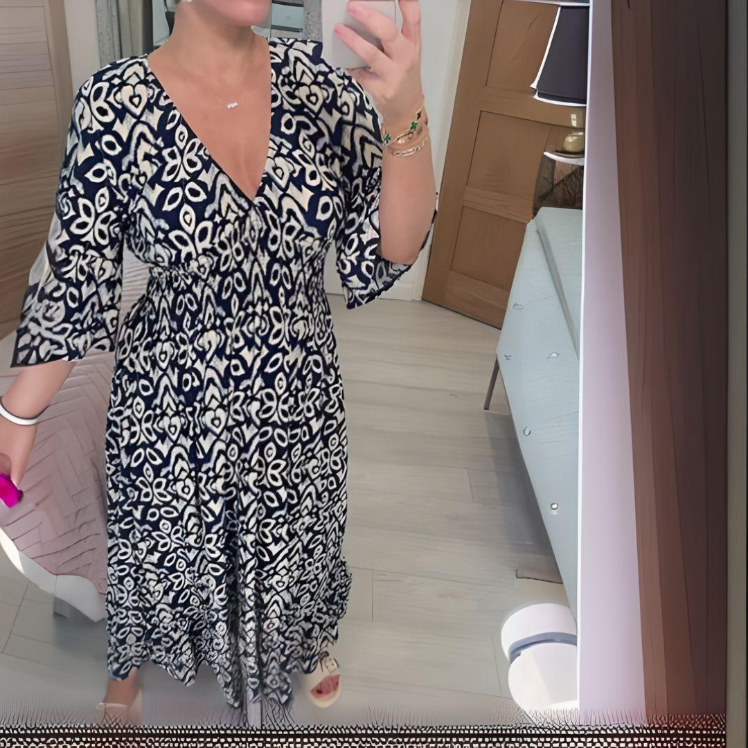 Boho patterned midi dress with V-neck, 3/4 sleeves, dark navy and cream