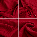 Close-up of red jacquard knit hoodie fabric with cable and textured patterns
