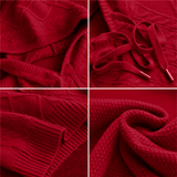 Close-up of red jacquard knit hoodie fabric with cable and textured patterns