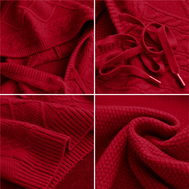 Close-up of red jacquard knit hoodie fabric with cable and textured patterns