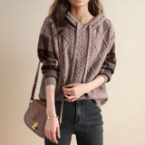 Hooded jacquard knit pullover with cable texture, dark mauve, plaid sleeve detail