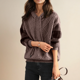 Jacquard cable hoodie with hood and drawstring, dark mauve plaid sleeves, pullover