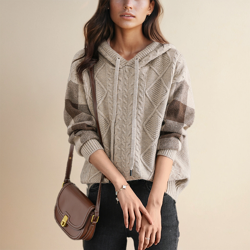 Beige cable-knit jacquard hoodie with hood, plaid sleeve panels, pullover