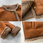 Sheep leather jacket detail: shearling collar, gold button, and fuzzy sleeve cuffs