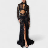 Azalee - Eleganz der Mitternacht Maxikleid mit langen transparenten Spitzenärmeln