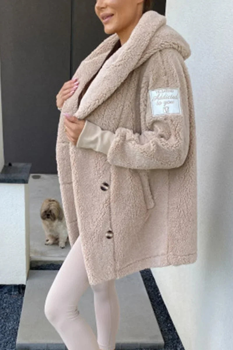 Plush hooded coat jacket, light beige, front buttons and oversized hood