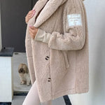 Plush hooded coat jacket, light beige, front buttons and oversized hood