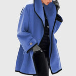 Maria™ blue fleece jacket with black trim, open front, long sleeves, button cuff