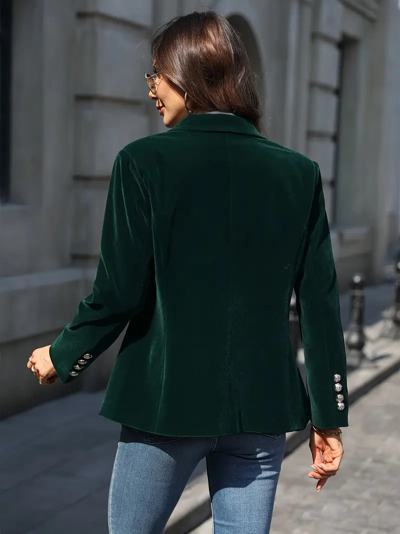 Dark green velvet blazer, long sleeves, single-breasted back view with button detail