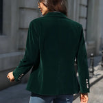 Dark green velvet blazer, long sleeves, single-breasted back view with button detail