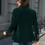 Dark green velvet blazer, long sleeves, single-breasted back view with button detail