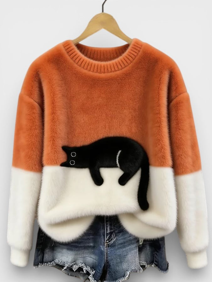 Orange and white two-tone sweatshirt with black cat graphic on the front